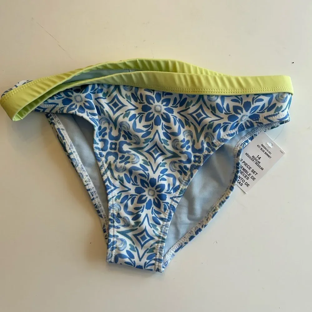 Roxy 2-pc. Fresco Tile Crop Rash Guard Set, Blue bonneT, Size 14, NWT